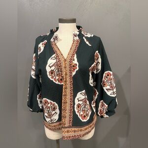 Umgee Floral Blouse - Dark Green and Rust